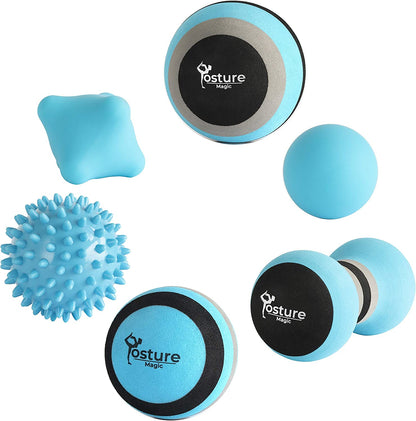 Massage Ball Set for Myofascial Trigger Point Release & Deep Tissue Massage - Set of 6 - Large Foam/Small Foam/Lacrosse/Peanut/Spiky/Hand Exercise Ball (Blue)